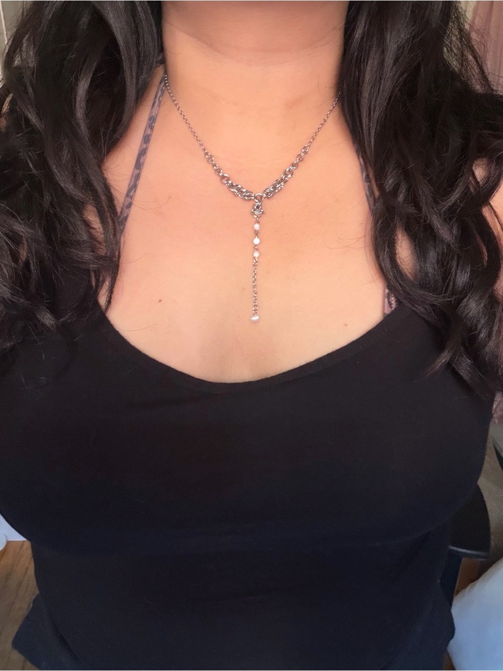 Chainmaille Silver Lariat Drop Necklace with Freshwater Pearl Drop
